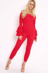 Red Bardot Jumpsuit with Tiered Flared Sleeves - Vivianne