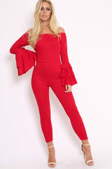 Red Bardot Jumpsuit with Tiered Flared Sleeves - Vivianne