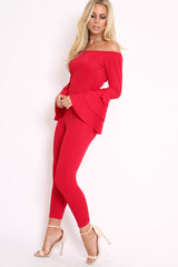 Red Bardot Jumpsuit with Tiered Flared Sleeves - Vivianne