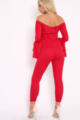 Red Bardot Jumpsuit with Tiered Flared Sleeves - Vivianne