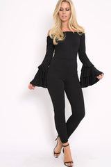Black Bardot Jumpsuit with Tiered Flared Sleeves - Vivianne