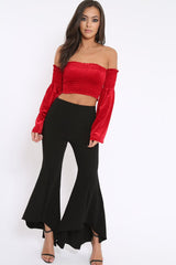 Red Velvet Bardot Shirred Crop Top with Flared Sleeves - Shera