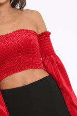 Red Velvet Bardot Shirred Crop Top with Flared Sleeves - Shera