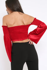 Red Velvet Bardot Shirred Crop Top with Flared Sleeves - Shera