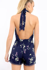 Navy Floral Halter Neck Plunge Playsuit - Mia