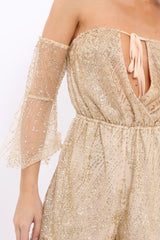 Gold Glitter Off Shoulder Flared Sleeve Playsuit - Tabitha