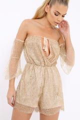 Gold Glitter Off Shoulder Flared Sleeve Playsuit - Tabitha