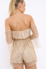 Gold Glitter Off Shoulder Flared Sleeve Playsuit - Tabitha