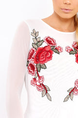 White Long Sleeves Floral Mesh Bodysuit - Daphne