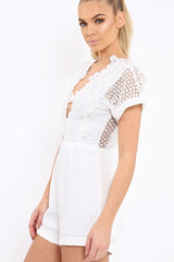 White Crochet V Neck Playsuit - Tarlia