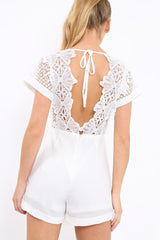 White Crochet V Neck Playsuit - Tarlia