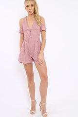 Pink Lace Up Crochet Trim Embroidered Playsuit - Leia