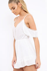 White Cold Shoulder Frill Playsuit - Lashanti