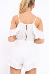 White Cold Shoulder Frill Playsuit - Lashanti