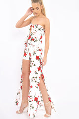 White Floral Print Bandeau Frill Detail Crop Top - Brandi