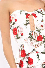 White Floral Print Bandeau Frill Detail Crop Top - Brandi