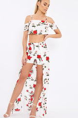 White Floral Print Cold Shoulder Frill Crop Top -  Mandi