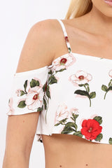 White Floral Print Cold Shoulder Frill Crop Top -  Mandi