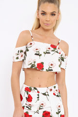 White Floral Print Cold Shoulder Frill Crop Top -  Mandi