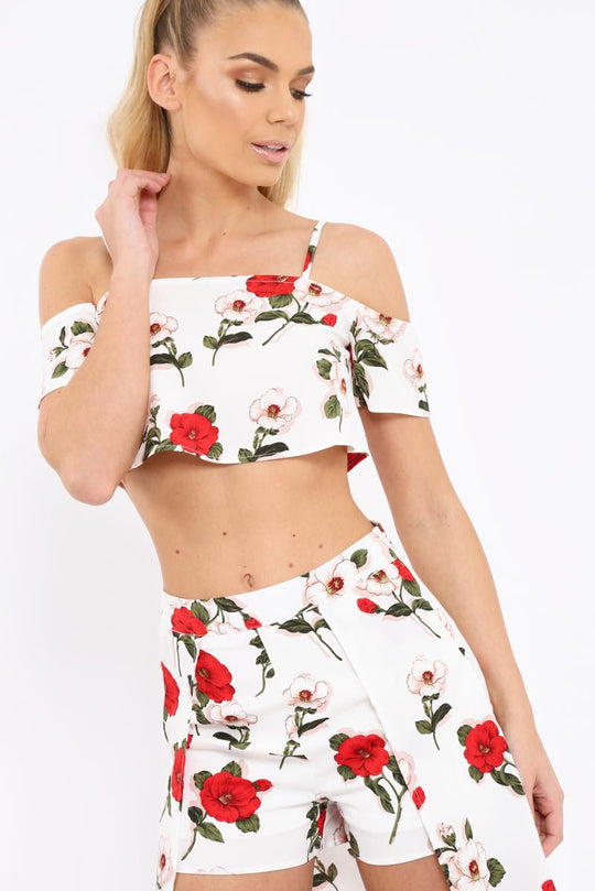 White Floral Print Cold Shoulder Frill Crop Top -  Mandi