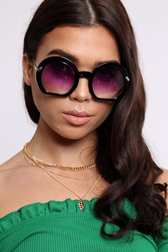 Black Oval Oversized Thick Frame Sunglasses - Leya