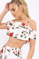 White Floral Print Cold Shoulder Frill Crop Top -  Mandi