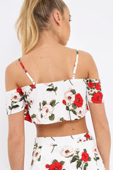 White Floral Print Cold Shoulder Frill Crop Top -  Mandi