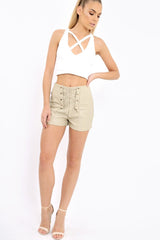 Beige Lace Up Front Leather Shorts - Coriane
