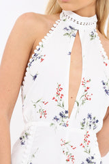 White Floral Halter Neck Plunge Playsuit - Mia