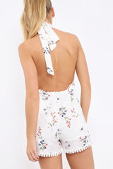 White Floral Halter Neck Plunge Playsuit - Mia