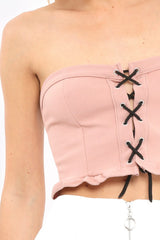 Rose Lace Up Front Frill Bandeau Crop Top - Cyndi