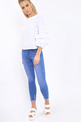 White Ruched Sleeve Top - Troy