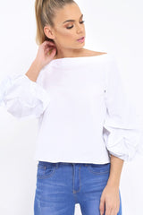 White Ruched Sleeve Top - Troy