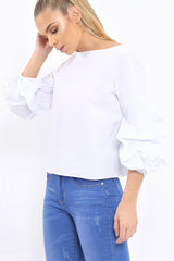 White Ruched Sleeve Top - Troy