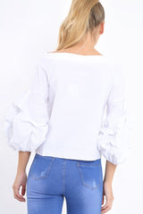 White Ruched Sleeve Top - Troy