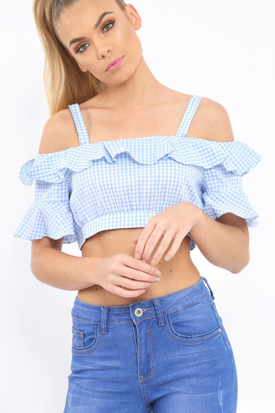 Light Blue Gingham Cold Shoulder Frill Crop Top - Lant