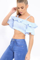 Light Blue Gingham Cold Shoulder Frill Crop Top - Lant
