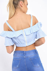Light Blue Gingham Cold Shoulder Frill Crop Top - Lant