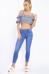 Navy Gingham Cold Shoulder Frill Crop Top - Lant