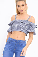 Navy Gingham Cold Shoulder Frill Crop Top - Lant