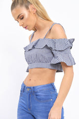 Navy Gingham Cold Shoulder Frill Crop Top - Lant