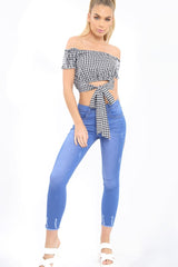 Black Gingham Bardot Wrap Around Crop Top - Rozanne