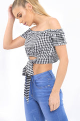 Black Gingham Bardot Wrap Around Crop Top - Rozanne