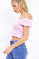 Pink Stripe Cold Shoulder Frill Crop Top - Nieve