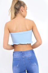Blue Lace Up Front Frill Bandeau Crop Top - Cyndi