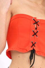 Orange Lace Up Front Frill Bandeau Crop Top - Cyndi