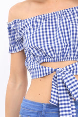 Blue Gingham Bardot Wrap Around Crop Top - Rozanne