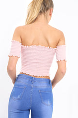 Pink Bardot Frill Shirred Crop Top - Kailah
