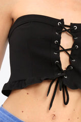 Black Lace Up Front Frill Bandeau Crop Top - Cyndi