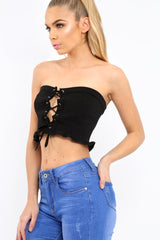 Black Lace Up Front Frill Bandeau Crop Top - Cyndi
